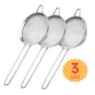 Kit com Peneiras 10 cm em Inox para Polvilhar Coar e Escorrer Alimentos Chá Suco Farilha Óleo