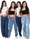 kit combo com 4 calças jeans feminina juvenil Cargo, Jogger, Wide Leg pantalona e Slim variadas do 10 ao 16
