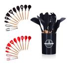 Kit Completo Com 12 Utensílios De Cozinha de Silicone Com Cabo de Madeira Concha Colher Pegador