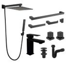 Kit Completo para Banheiro Lavatório com Acessórios Sifão, Válvula, Acabamento pra registro base padrão Deca Ducha Chuveiro Preto Fosco Metal Premium