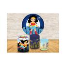 Kit Completo Trio Capa Cilíndrica + Painel de Tecido Redondo Menina Maravilha