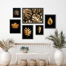 Kit Composição 6 Quadros Folhas Douradas Fundo Preto - com vidro