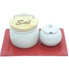 Kit Condimentos 3 pçs - Saleiro + Açucareiro + Bandeja - Porcelana