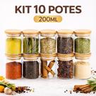 Kit Conjunto 10 Potes Vidro Hermético 200ml Tampa De Bambu