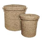 Kit Conjunto 2 Cestos Inhambu Decorativos Redondos Multiuso Em Fibra Natural Com Tampa