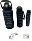Kit Conjunto 3 Garrafas Água Suco Squeeze PRETO Motivacional 300ML+900ML+2000ML Antivazamento