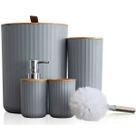 Kit Conjunto Banheiro 4 Peças Lixeira Com Tampa Bambu Plástico Organizador Decoração Lavabo Suporte Sabonete Escova Dente Lixo Shokki Cor Cinza