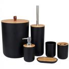 Kit Conjunto Banheiro 6 Peças Lixeira Com Tampa Bambu Plástico Organizador Decoração Lavabo Suporte Sabonete Liquido Escova de Dente Lixo Vaso Tippi