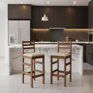 Kit Conjunto Banquetas Alta Estofada com Encosto Madeira Maciça Tecido Linho Cozinha Bancada Americana Churrasco Gourmet Bistrô 2 3 ou 4