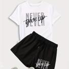 Kit Conjunto Camiseta Shorts Feminino Never Give Up Treino Leve Blusinha e Short Kit Conjunto Camiseta Shorts Feminino Never Give Up Treino Leve Blusinha e Short