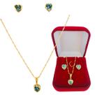 Kit Conjunto Colar e Brinco Coração Ponto de Luz Zircônia Azul Folheado a Ouro 18 k
