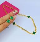 Kit Conjunto Colar e Brincos com Pingente Flor trevo Verde Corrente Elo Português Folheado Ouro Blogueira Virginia moda