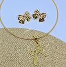 Kit Conjunto Colar e Brincos Feminino Choker Aro Rigido Liso Pingente Laço Delicado Folheado Ouro Luxo Moda Blogueira