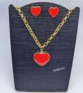 Kit Conjunto Colar e Brincos Feminino Corrente Elo Português Folheado Ouro com Pingente Coração Vermelho Luxo Moda