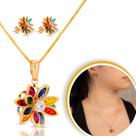 Kit Conjunto Corrente Brinco Banhado Flor Lótus Zircônia Colorida