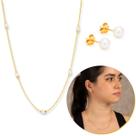 Kit Conjunto Feminino Colar E Brinco Pérola Banhado A Ouro