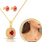 Kit Conjunto Feminino Dourado Com Pedras Zircônia Rosa