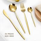 Kit Conjunto Jogo de Talher 24 Peças Dourado Aço Inox Luxo Faca Garfo Colher Mesa Chá