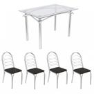 Kit Conjunto Mesa 4 Cadeiras 120 x 80 cm Sala de Jantar Cozinha Vidro Metal Cromado Preto