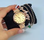 Kit Conjunto Relógio Feminino Redondo Strass Pedras Zircônias Quartz Luxo Analógico + Pulseira + Brincos Caixa