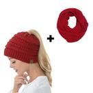 Kit Conjunto Touca Rabo De Cavalo Com Furo Cabelo + Cachecol Liso Maxi Gola De Lã Tricot Outono Inverno Elegante