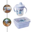 Kit copo bebe marmita tampa alça bico rigido stitch 280ml 630ml divisoria