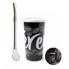 Kit Copo Plástico Tererê Tampa 450ml Preto + Bomba Chimarrão 23cm Aço Niquelado Anel Bojo - Taumer