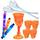 Kit Copo Taça Caveira + 4 Mini Shot + 2 Mãos Esqueleto + 3 Bastões Led Festa Halloween Bar Decoração: 10 Produtos