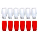 Kit Copo Vidro Florence 370ml 6Vermelho + 6Transparente Suco