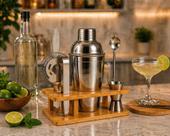 Kit Coqueteleira Premium Inox 9 Peças com Suporte de Bambu Bar Profissional para Drinks