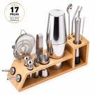 Kit coqueteleira presente bartender barhome em aço inox e suporte de bambu 17 peças