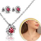 Kit Corrente Colar Brinco Prateado Flor Com Pedras Zircônia Rosa