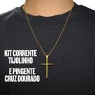 Kit Corrente Tijolinho com Pingente Cruz Prateado e Dourado Aço Inox Fé Jesus Masculino Presente Religioso Cristão Brilhante Resistente