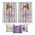 Kit Cortina Com 3 Capas de Almofadas Bailarina Quarto de Menina