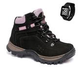 Kit Coturno Couro Feminino Bota Trilha Adventure Tratorada + Relógio Digital