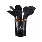 Kit Cozinha 12 peças Utensílios Silicone Madeira Luxo Preto