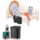 Kit Cozinha 3 Peças Escorredor Louça Talheres Lixeira 2,5L Organizador Pia Preto Rose Gold - Future Kit Cozinha 3 Peças Escorredor Louça Talheres Lixeira 2,5L Organizador Pia Preto Rose Gold - Future