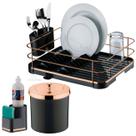 Kit Cozinha 3 Peças Escorredor Louça Talheres Lixeira 5L Organizador Pia Preto Rose Gold - Future