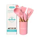 Kit Cozinha Completo 12 Peças Silicone ROSA Cabo de Madeira
