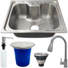 Kit Cozinha Cuba Gourmet Inox 304 50x40 Torneira Alta Monocomando Lixeira De Embutir 5L Porta Detergente 500ml Valvula E Sifão Kit Completo 6 Peças