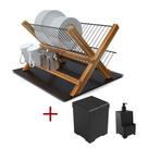 Kit Cozinha Escorredor De Madeira Com Bandeja + Lixeira 5,4l + Dispenser Preto Kit Cozinha Escorredor De Madeira Com Bandeja + Lixeira 5,4l + Dispenser Preto