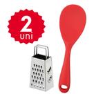 Kit Cozinha Faca 28cm Colher de Arroz Silicone 28cm Espátula Vazada 28,5cm Ralador