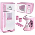 Kit Cozinha Infantil Geladeira Micro-ondas e Cafeteira de Brinquedo Solta Água Rosa