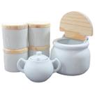 Kit Cozinha - Saleiro 1kg + kit 4 porta condimentos 250ml + Açucareiro 250ml - Porcelana Branca e Bege