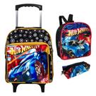 KIT Creche Mochila Escolar com Rodinhas Resistente Dois Bolsos Grandes Hotwheels Para Meninos com Lancheira e estojo