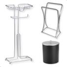 Kit Cromado Com Papeleira P/ 3 Rolos, Lixeira Preta Com Tampa Cromo e Porta Toalhas - 3 peças