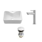 Kit Cuba Apoio Slim Retangular c/ Válvula e Torneira Baixa Amazonas Pingoo.Casa - Branco e Prata Kit Cuba Apoio Slim Retangular c/ Válvula e Torneira Baixa Amazonas Pingoo.Casa - Branco e Prata