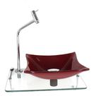Kit cuba de vidro 10mm vermelho cereja tampo 40cm incolor com suporte torneira valvula