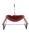 Kit cuba de vidro oval 10mm com tampo 50cm vermelho cereja e suporte preto