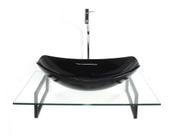 Kit cuba de vidro oval chanfrada branca com tampo 60cm incolor e suporte preto